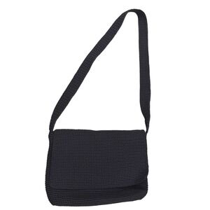 Black Crochet Shoulder Bag Woven Flap Crossbody Minimalist Boho Purse